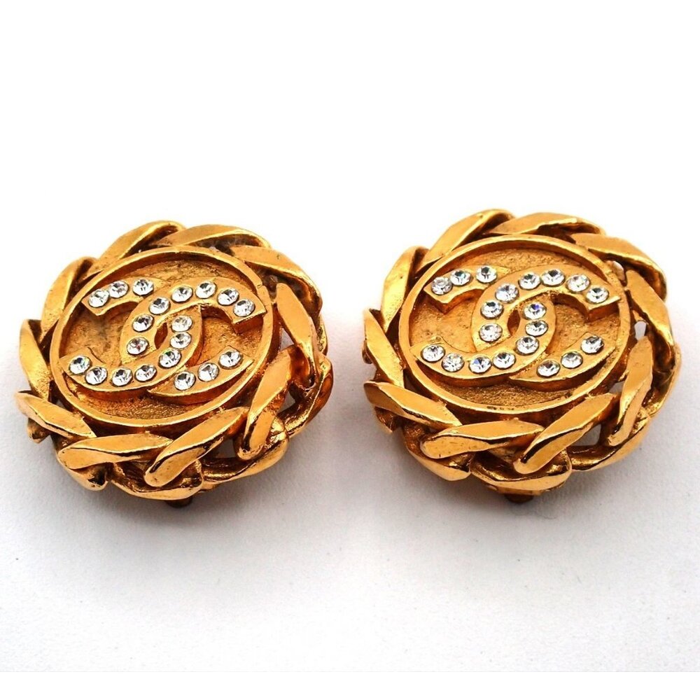 CHANEL CC Logo Rhinestone Round Button Earrings 23 Clip-On Gold Vintage 34RL666 - Picture 12 of 16